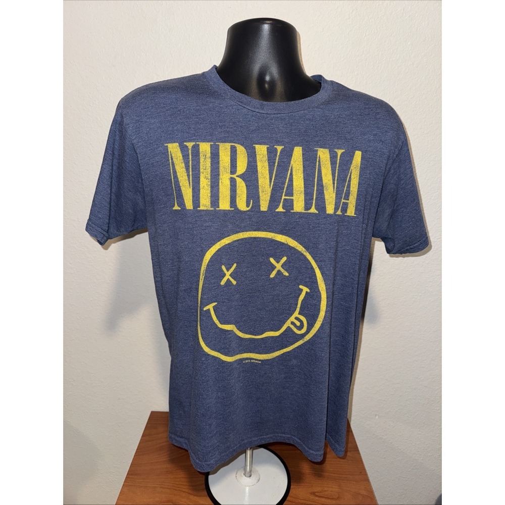 Nirvana Smiley Face Logo Band T-Shirt Blue Heather Size M Alternative Music Tee